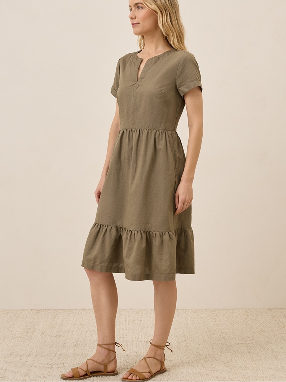 Pact Canopy Linen Blend Notch Neck Dress XL Cottagecore Boho Olive